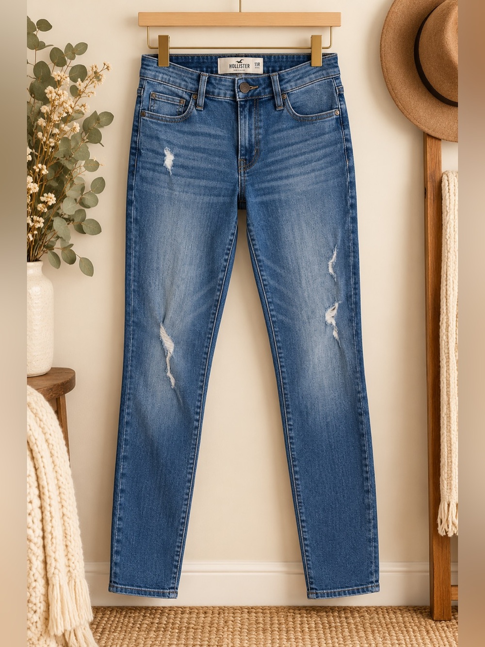 Hollister Mid Rise Super Skinny Distressed Jeans 11R Medium Wash Y2K